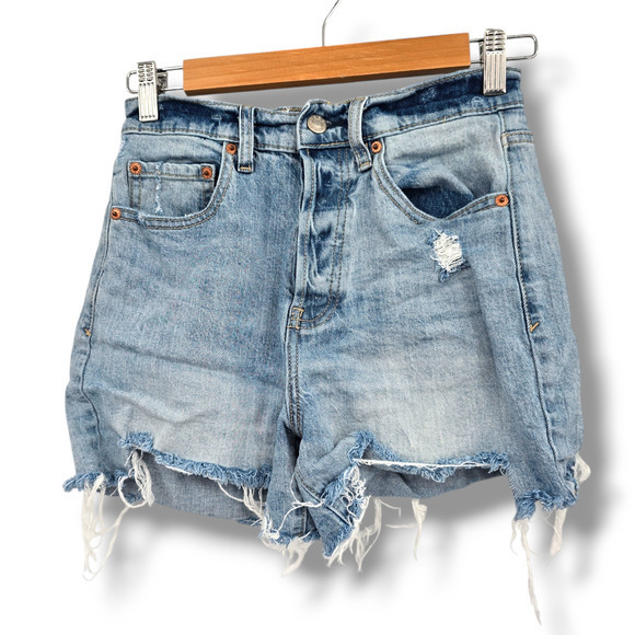 DAZE Women's Distressed Frayed Hem Button Fly High Rise Denim Jean Shorts Sz 25 - Picture 3 of 13